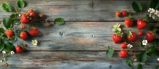 Sticker - Fresh strawberries surrounded by green leaves and flowers on rustic wooden backdrop for organic food or summer themes