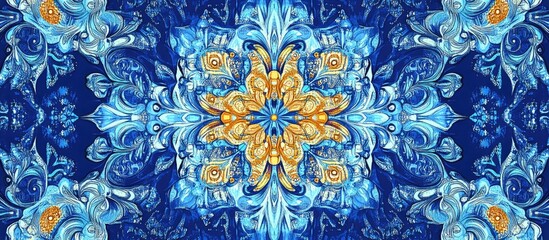 Aufkleber - Blue symmetrical kaleidoscope pattern with hand-drawn stripes ideal for textile design, swimwear fabric, wallpaper, and wrapping applications.