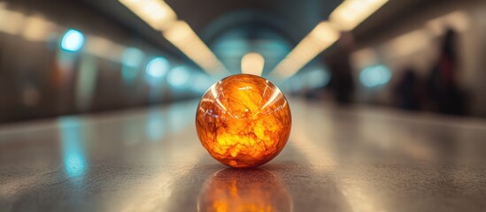 Poster - Orange marble on a subway platform captured with macro lens showcasing vibrant color and depth in a Moscow subway setting.