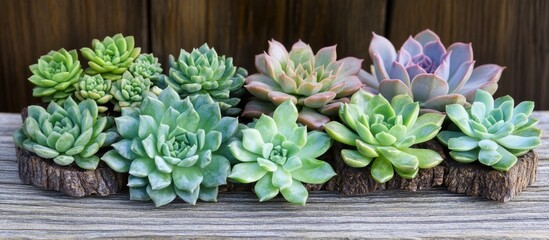 Sticker - Succulent plants arranged on a rustic wooden surface creating a natural and inviting display of greenery and texture.