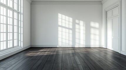 Poster - Stylish Minimalist Grey Living Room with Dark Wood Floors Bright Natural Light and Empty Copy Space for Text
