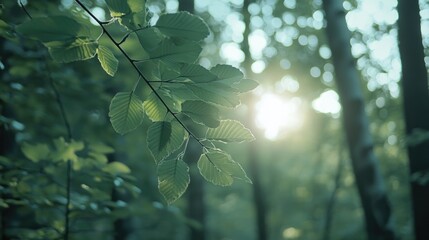 Aufkleber - sunlight filtering through green leaves in summer forest blurred background with empty copyspace for