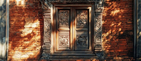 Intricate wooden window of a Thai temple set against a vibrant red brick wall showcasing traditional craftsmanship and cultural heritage.