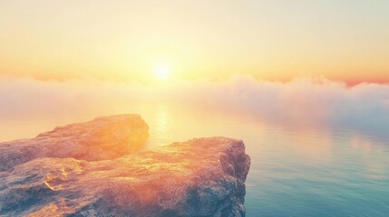 Poster - Serene sunrise over tranquil sea with misty rocks and vast empty copyspace for text or branding.