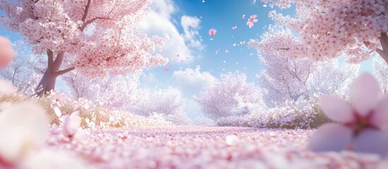 Wall Mural - blossoming cherry trees in a serene spring landscape with pink petals on a pathway under a bright bl