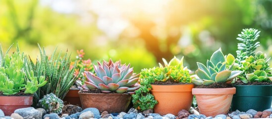 Sticker - Vibrant collection of thriving succulents in colorful pots arranged beautifully in a sunlit garden setting with soft blurred background.