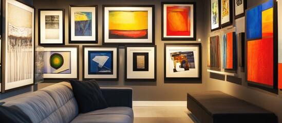 Fototapete - Artistic interior with a stylish couch highlighting a curated gallery wall featuring vibrant paintings and framed artworks in modern decor.