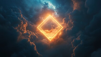 Poster - glowing neon frame in dramatic cloudscape: a digital art exploration of light and darkness