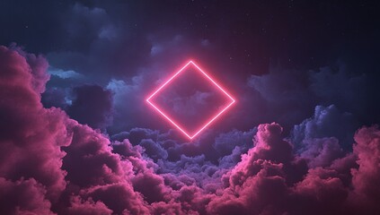 Poster - neon square glows in night sky above cloudscape: digital art, abstract, pink, purple, night, fantasy