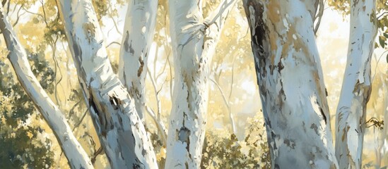 Wall Mural - Textured white tree trunks in sunlight showcasing natural beauty and artistry in a serene forest environment