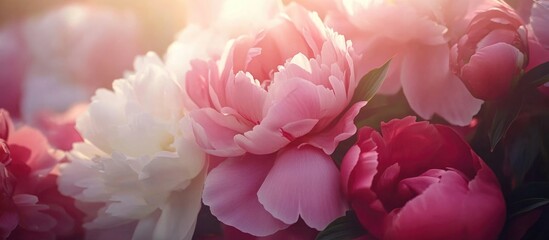 Wall Mural - Beautiful peonies in various shades bloom gracefully in a soft, warm light showcasing their delicate petals and natural elegance.