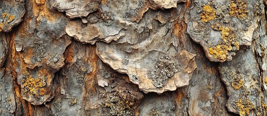 Poster - Detailed texture of an old tree trunk showcasing intricate patterns and natural colors with moss and lichen elements for nature themes.