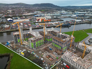 construction work near the river lagan, aerial shot belfast northern ireland.