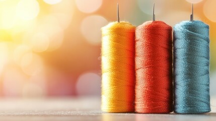 Colorful spools of thread with a sewing needle on a machine creating a vibrant background ideal for creative text or craft-related content