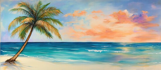 Wall Mural - Serene sunset beach scene featuring a majestic palm tree swaying gently above tranquil turquoise waters and a colorful sky.