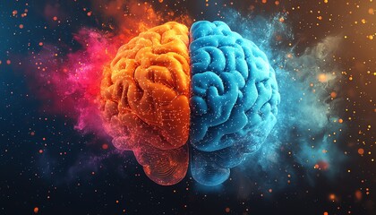 Poster - Concept of half digital brain and half biological brain, blending artificial intelligence with human cognition, glowing neon circuits, neural pathways, and organic brain structure