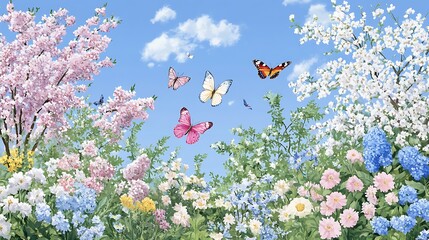 Wall Mural - A Beautiful Spring Scene with Colorful Butterflies and Blooming Flowers Under a Clear Blue Sky