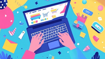 Poster - Colorful Online Shopping Experience: Laptop with Shopping Cart and Accessories