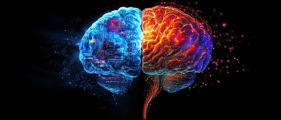 Poster - Half digital brain and half biological brain merging together