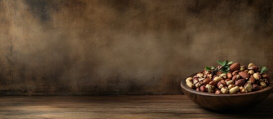 Wall Mural - Rustic bowl filled with assorted nuts on wooden surface with a textured background and ample empty space for custom text placement