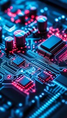 Poster - Close-Up, Modern Circuit Board, Electronic Components, Technology, Blue, Red, Futuristic, Innovation