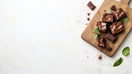 Wall Mural - Freshly baked chocolate brownies on a wooden board with scattered chocolate pieces and green mint leaves on a light background.