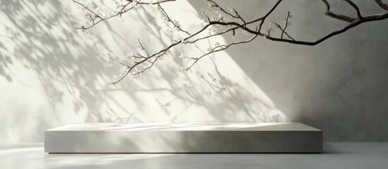 Minimalist podium with tree branches casting shadows on a glass surface creating a textured background with light and shadow effects