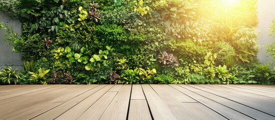 Poster - Vertical Garden Wall with Lush Greenery and Warm Light Ideal for Relaxing Atmosphere Perfect for Background or Wallpaper with Text Space