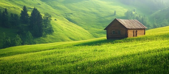 Canvas Print - Charming wooden cabin nestled in a vibrant green field under a serene sky with ample space for text overlay.