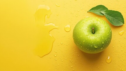 Sticker - Fresh green apple adorned with water droplets on a vibrant yellow background ideal for text overlay or product promotion.