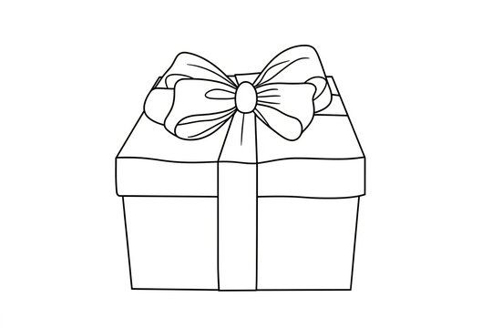Gift box with bow outline coloring book page line art drawing.