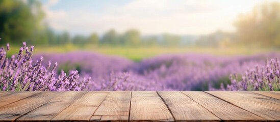 Sticker - Wooden tabletop with lavender field background providing ample empty space for text display or product placement advertising