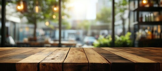 Poster - Wooden Tables in Restaurant Interiors with Glass Windows and Natural Light Ideal for Text Placement and Dining Atmosphere