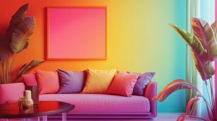 Poster - Bright and Cheerful Living Room Interior with Colorful Accents and Empty Space for Text in a Vibrant Gradient Setting