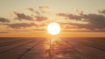 Sticker - Serene Sunset Over Wooden Table Top with Empty Copy Space for Text and Warm Atmospheric Lighting