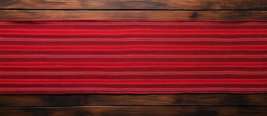 Canvas Print - Wooden table with red striped tablecloth creating an inviting backdrop for text or product showcasing on rustic surfaces