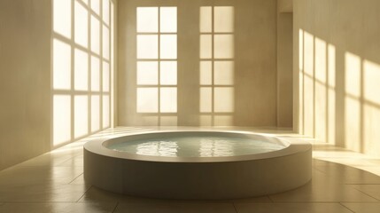 Wall Mural - Serene bathroom interior featuring a circular soaking tub illuminated by natural light through large windows