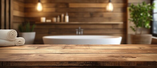 Wall Mural - Wooden tabletop in modern bathroom with blurred background ideal for text overlay and design advertising or promotional materials