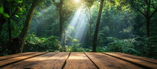 Wall Mural - Rustic wooden table in a vibrant green forest with sun rays filtering through trees ideal for text overlay or nature themed designs