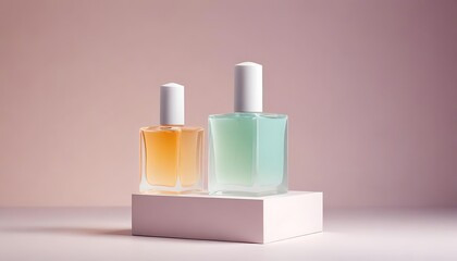 Poster - two perfume bottles with pastel-colored liquids displayed on a minimalist pink platform.