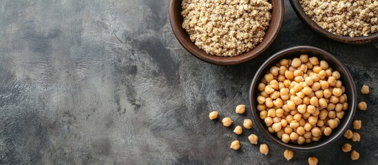 Canvas Print - Chickpeas and porridge in bowls on textured surface with empty space for text showcasing natural ingredients and healthy eating