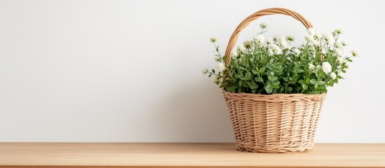 Canvas Print - Wooden wicker basket on shelf with potted plant against plain wall ideal for decorative displays and blank space for textual content