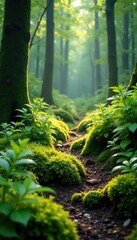 Wall Mural - A serene forest glade with a carpet of moss and ferns, earthy, organic, serene