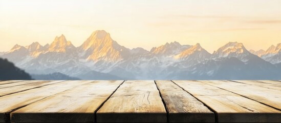 Sticker - Wooden table overlooking majestic mountain landscape during sunset with blank space for text or branding in serene environment