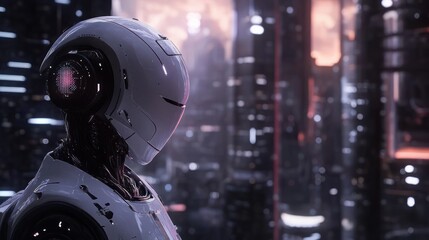 Poster - Futuristic Robot contemplating the cityscape in a digital world