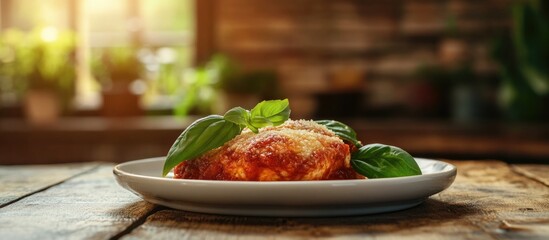 Sticker - Delicious Chicken Parmesan Presented on Rustic Restaurant Table with Fresh Basil and Natural Light