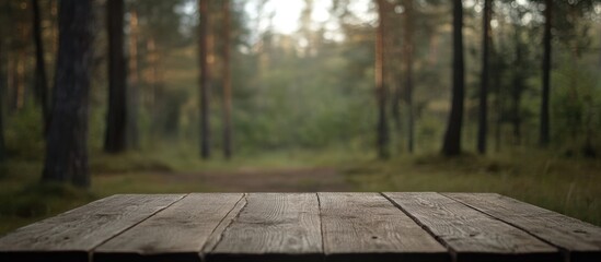 Canvas Print - Wooden table in serene green forest with blurred background ideal for adding text or promotional content