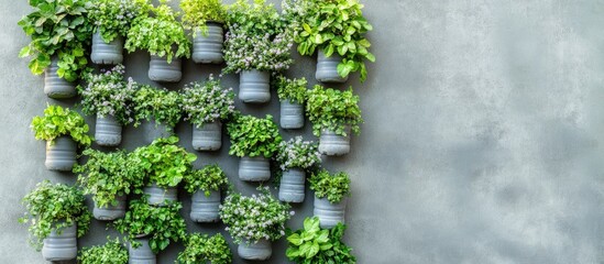 Canvas Print - Vertical garden design utilizing recycled plastic bottles with greenery against a textured background featuring space for customizable text