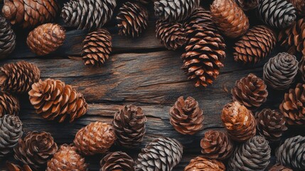 Canvas Print - Cozy autumn wooden background featuring an assortment of pine cones creating a rustic and inviting atmosphere.