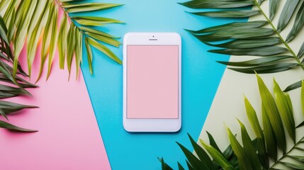 Sticker - Vibrant smartphone mockup surrounded by tropical leaves on colorful backgrounds with empty space for customization and text placement